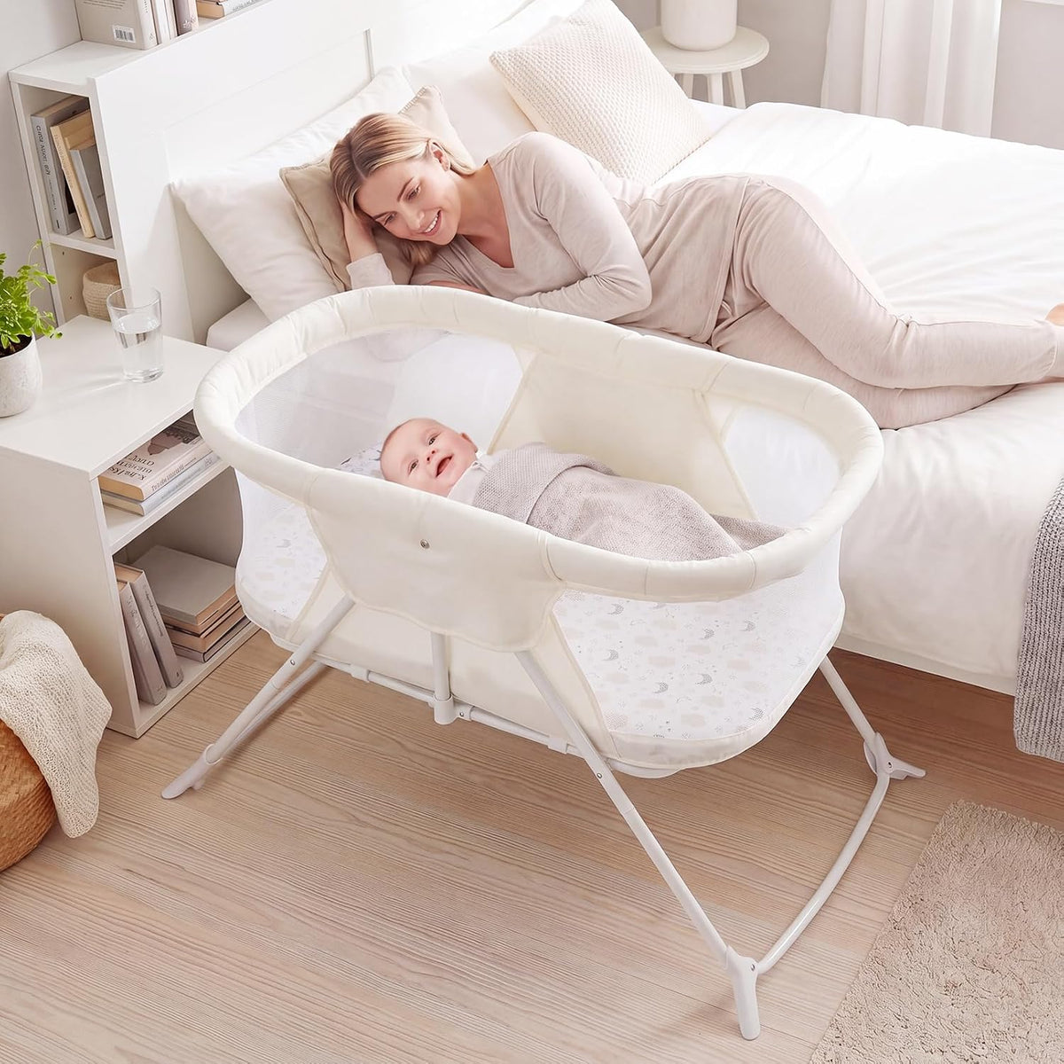 BABY JOY 2 in 1 Bassinet, Foldable Bedside Crib with Breathable Mesh, Comfortable Mattress, Zippered Net Canopy & Portable Bag, Bassinet Bedside Sleeper for Baby, Infant & Newborn (Beige)