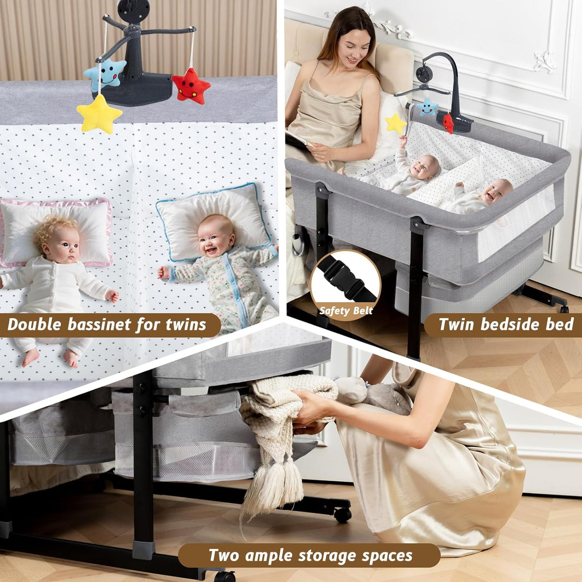 Twin Bassinet for 2 Babies with Music Toys for Newborns, Grey