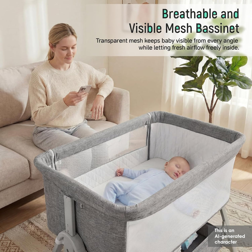 Cowiewie Baby Bassinet Bedside Crib,3-in-1 Baby Bassinet with Comfy Mattress & Wheel,Easy Folding Portable Bedside Bassinet for Baby with Storage,Travel Bag,Breathable Mesh,Stable & Secure,Light Grey