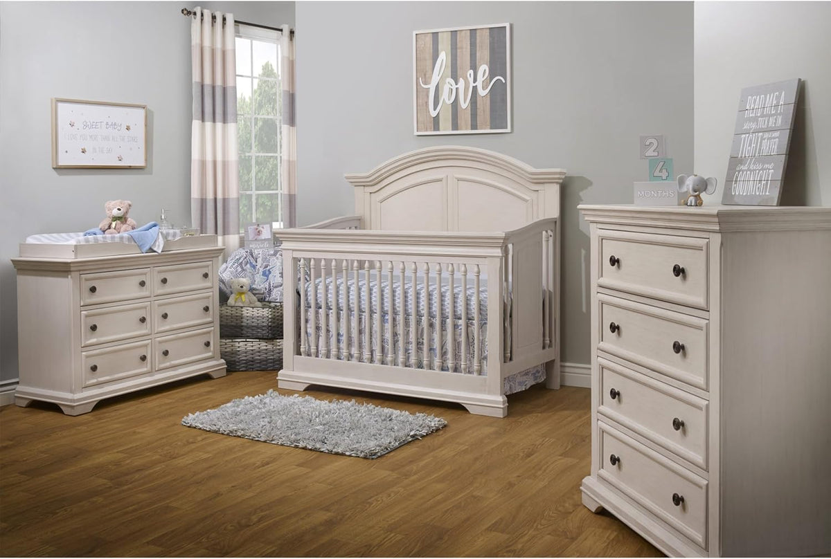 Sorelle Furniture High Arch Portofino Crib, Classic 4-in-1 Convertible Crib, Crib Made of Wood, Wooden Baby Bed, Toddler Bed, Child’s Daybed and Full-Size Bed, Nursery Furniture-Brushed Ivory