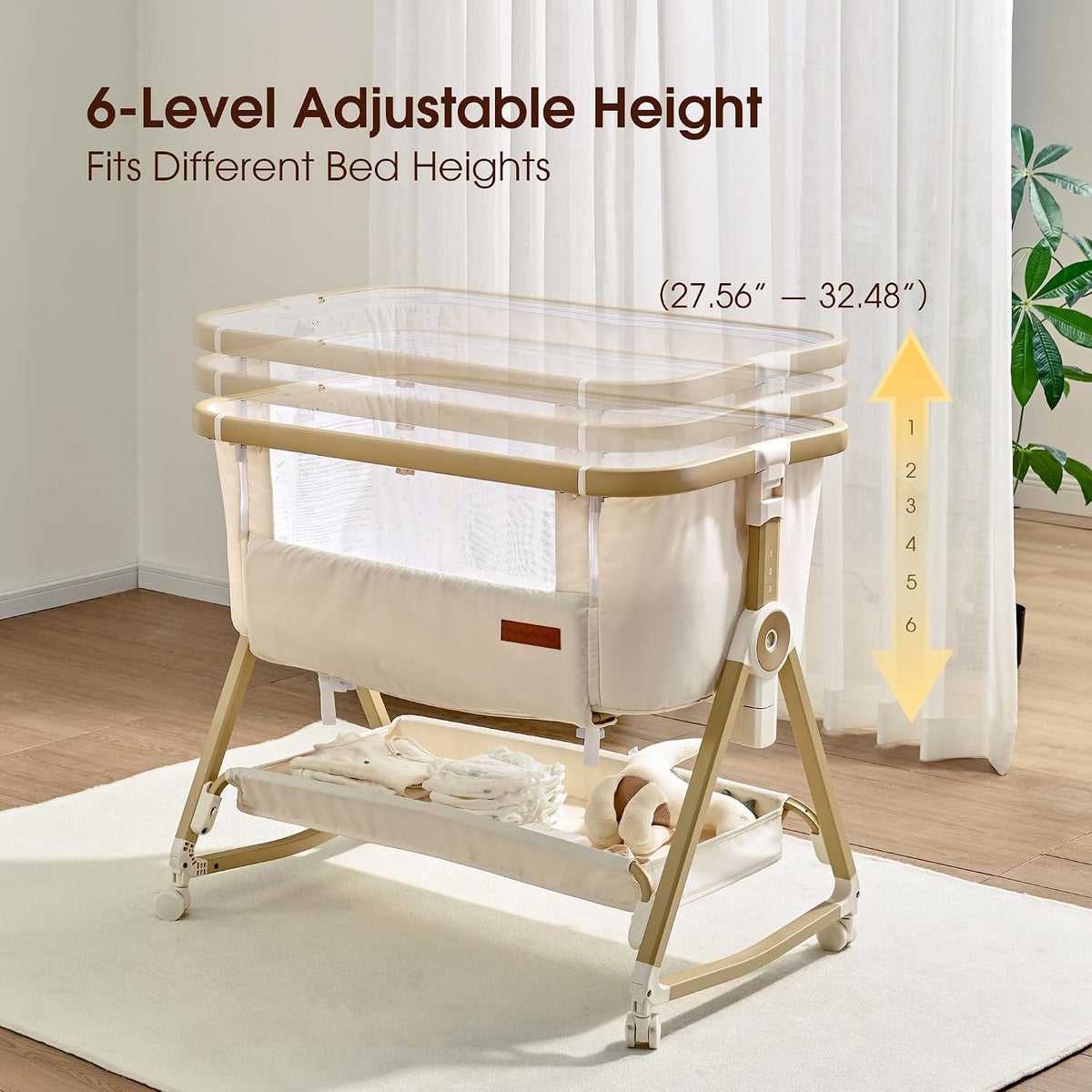 Maydolly Baby Bassinet Bedside Sleeper, Adjustable Rocking Bassinet, Beige