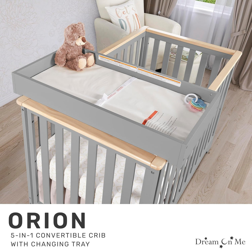 Dream On Me Orion 5-in-1 Convertible Crib with Changer in Pebble Grey Vintage, JPMA & Greenguard Gold Certified, Made of Sustainable New Zealand Pinewood