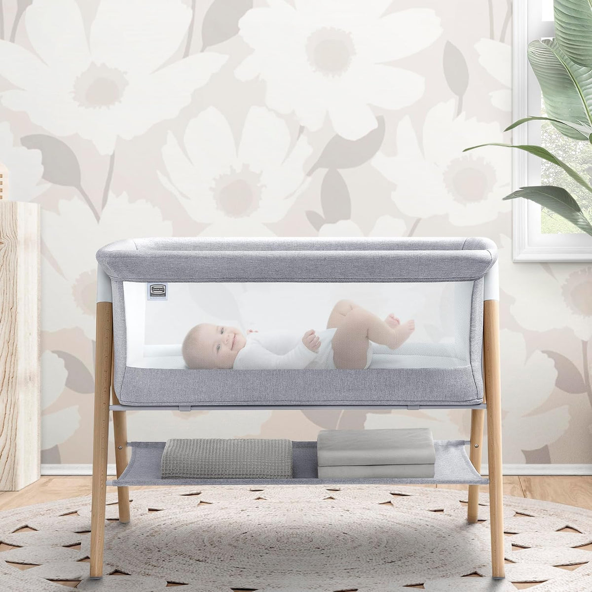 Simmons Kids Koi by The Bed Bassinet with Breathable Mesh and Natural Beechwood Legs, Dove Grey