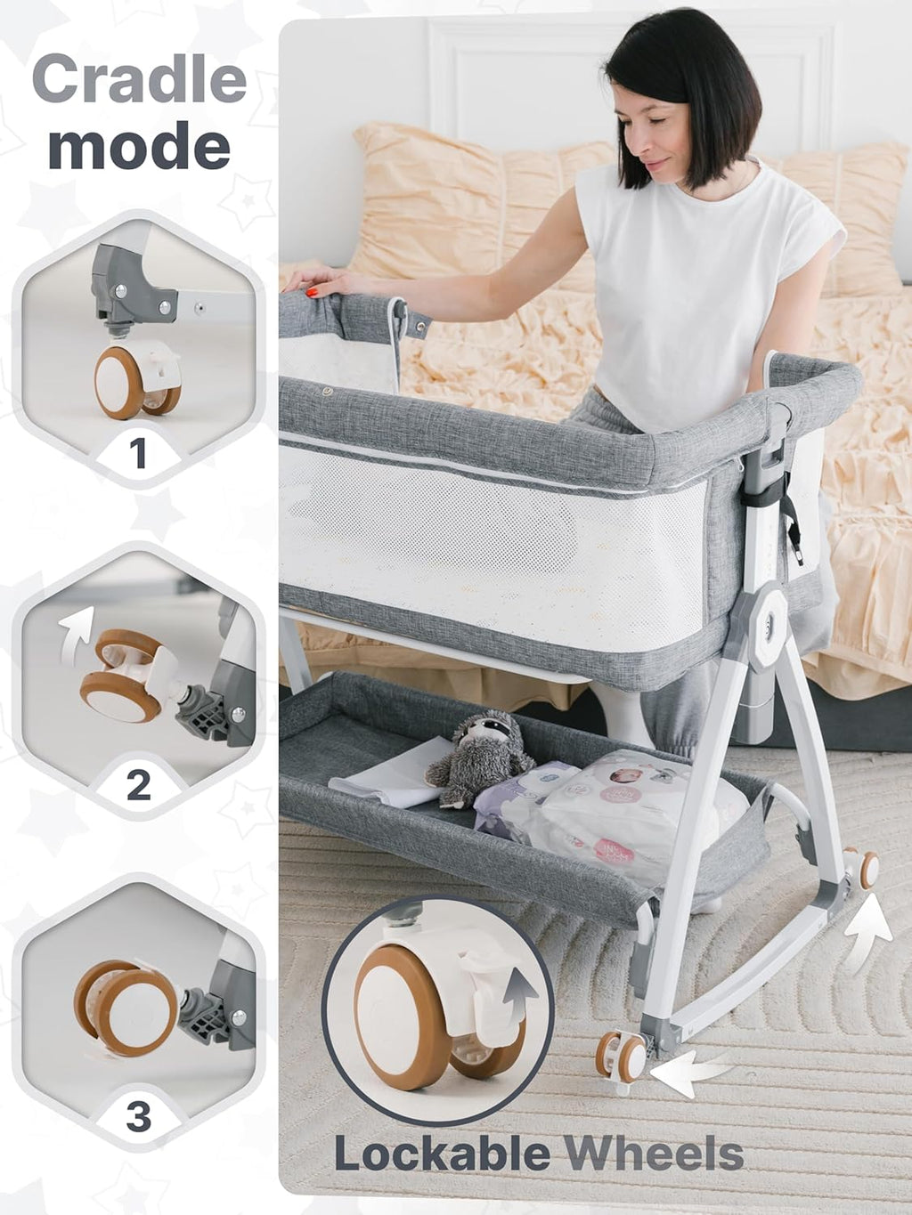 Earth&ME Baby Bassinet Bedside Sleeper with Rocking - All Mesh Portable Bedside Crib for Safe Co-Sleeping, Storage Basket and Wheels, Adjustable Height, Includes Travel Bag, Mosquito Net (Whate, Grey)