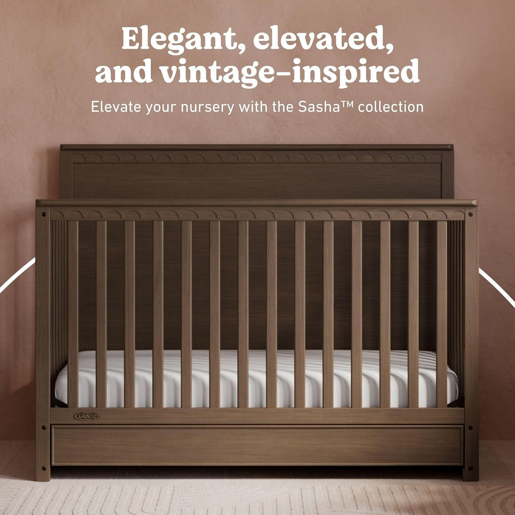 Graco Sasha 5-in-1 Convertible Crib with Drawer (Hazelnut) – GREENGUARD Gold Certified Wood Crib, Converts to Toddler Bed, Daybed, Full-Size Bed, Stylish Classic Design
