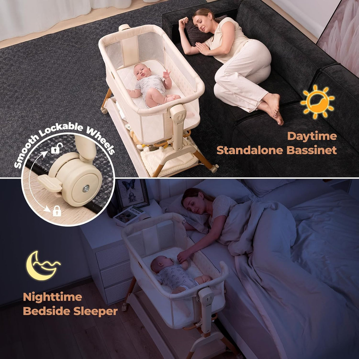 Ezebaby Baby Bassinet Bedside Sleeper: 3-in-1 Rocking Bassinet for Baby - Breathable Full-Mesh Crib with Mattress | 6 Height Adjustable | Portable Crib with Lockable Wheels for Newborns