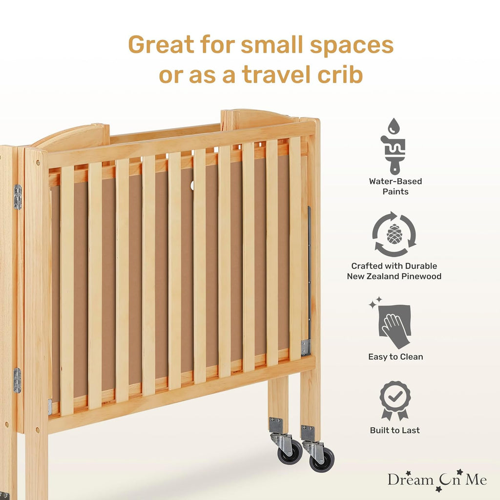 Dream On Me 3-in-1 Portable Mini Baby Crib in Natural, GreenGuard Gold & JPMA, Birchwood, Quick Fold Patent, Playpen or Changer, Storage or Travel, Heavy Duty Steel Castors, 3 Heights, 1″ Mattress Pad
