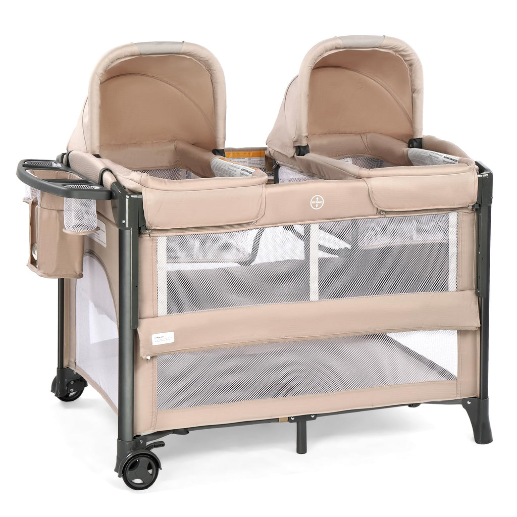 JOYMOR Twin Bassinet for Baby, Pink Bedside Bassinet, Convertible to Bedside Sleeper and Playpen, with Wheel, Brake, Foldable Side Sleeper