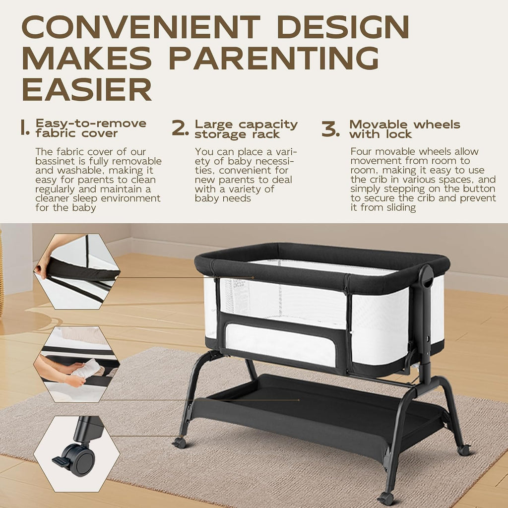BabyBond Baby Bassinet Bedside Crib, Mattress & Sheet, 4-Sided Mesh, Black