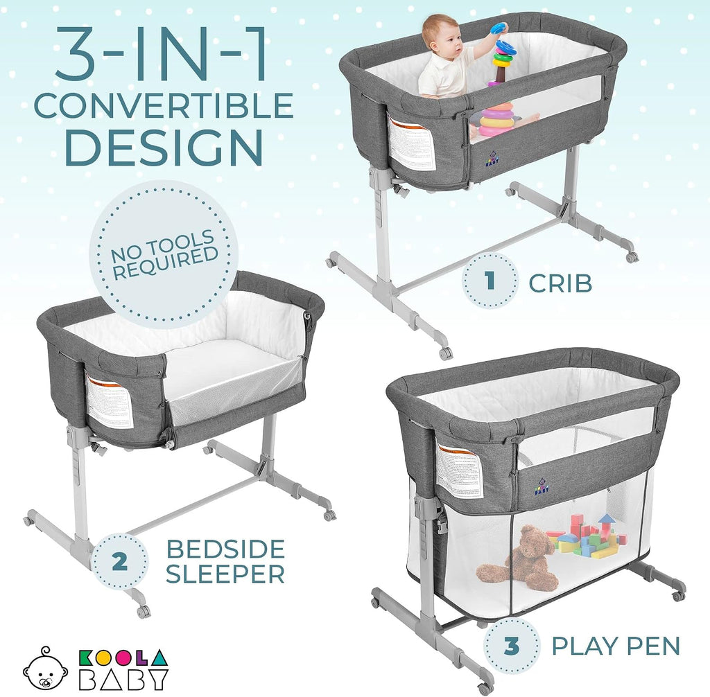 KoolerThings 3 in 1 Baby Bassinet, Bedside Sleeper, & Playpen, Easy Folding Portable Crib (Grey)- KoolaBaby (Bassinet)