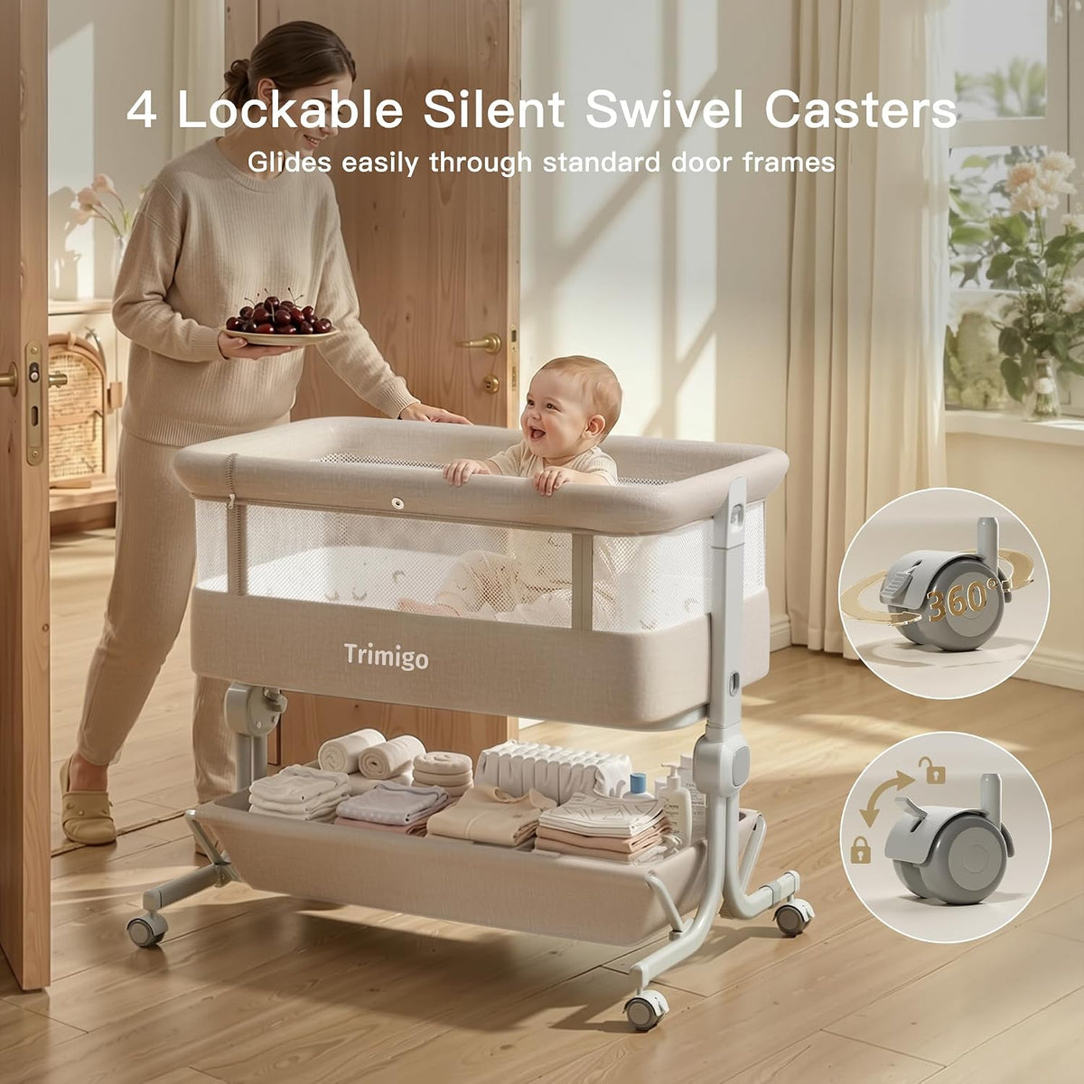 3 in 1 Baby Bassinet Bedside Sleeper with Washable Mattress