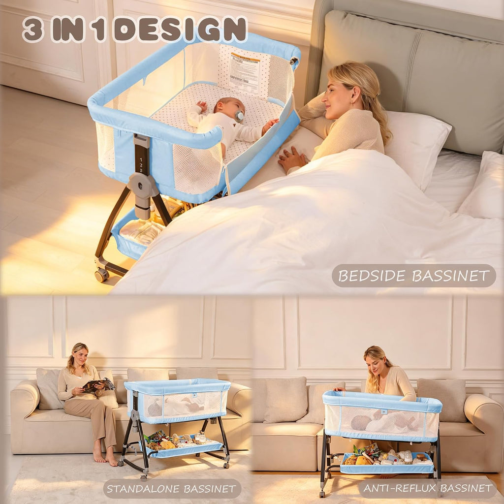 Baby Bassinets Bedside Sleeper with Wheels and Mattress, Cosleeping Baby Bed with Storage, Co-Sleeper Bassinet Attach to Bed, Bed Side Crib with Breathable Mesh, Height Adjustable (Blue)