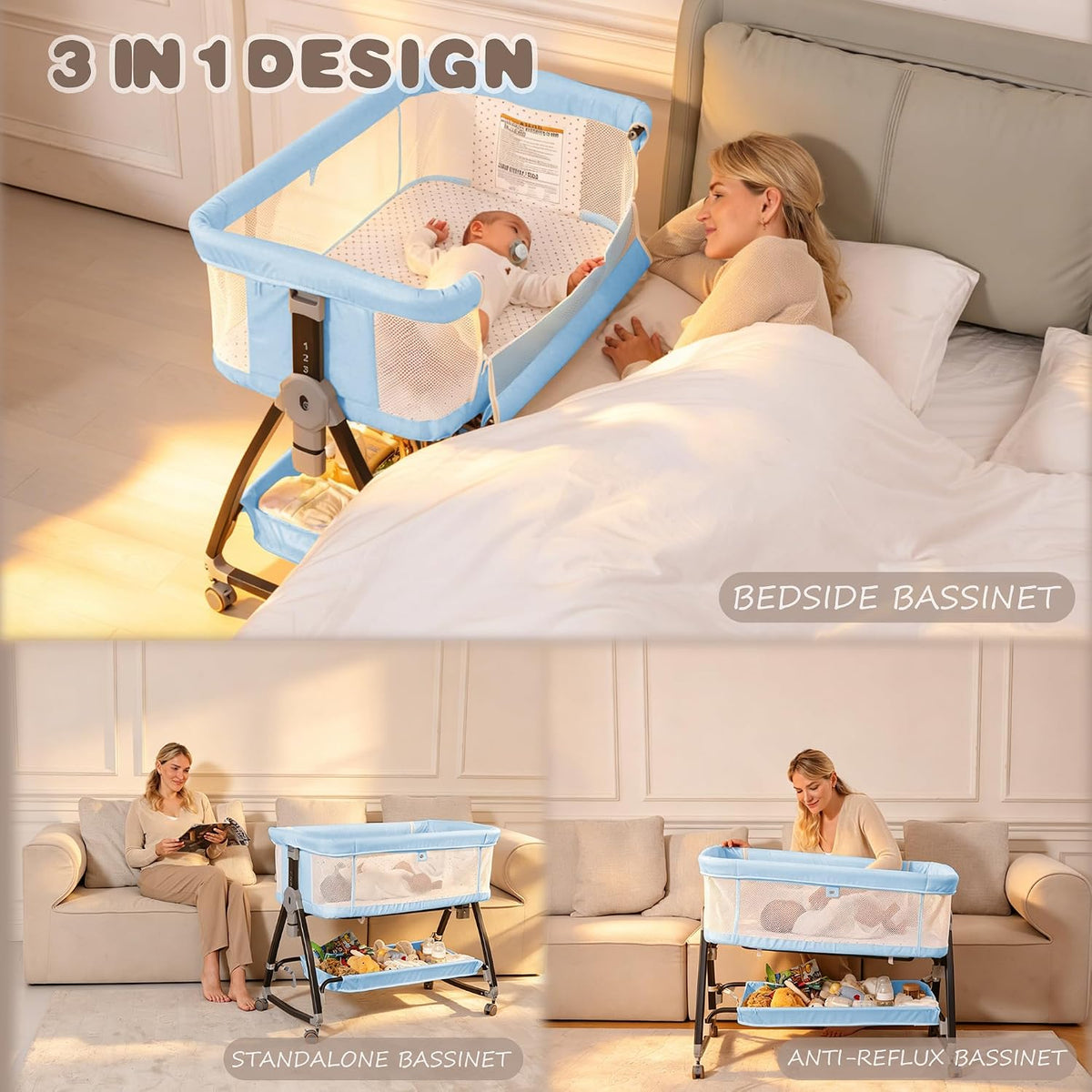 Baby Bassinets Bedside Sleeper with Wheels and Mattress, Cosleeping Baby Bed with Storage, Co-Sleeper Bassinet Attach to Bed, Bed Side Crib with Breathable Mesh, Height Adjustable (Blue)