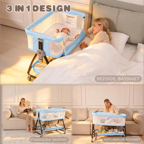 Baby Bassinets Bedside Sleeper with Wheels and Mattress, Cosleeping Baby Bed with Storage, Co-Sleeper Bassinet Attach to Bed, Bed Side Crib with Breathable Mesh, Height Adjustable (Blue)
