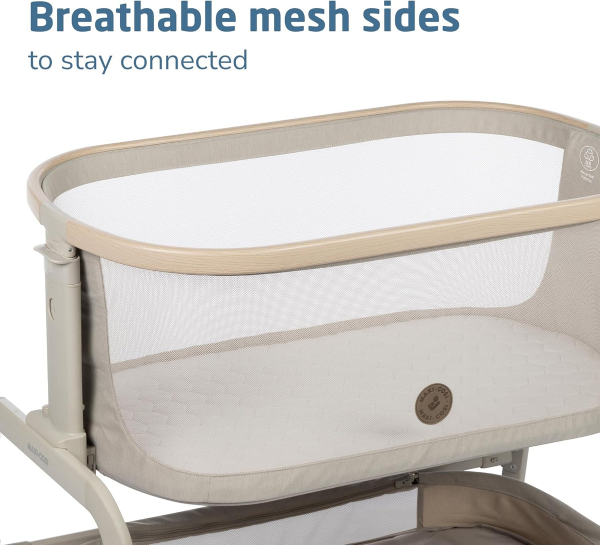 Maxi-Cosi Iora Baby Bassinets Bedside Sleeper, Portable Bassinet, Infant Bedside Sleeper Crib, Height Adjustable, Breathable Mesh, Large Storage Basket, Classic Oat