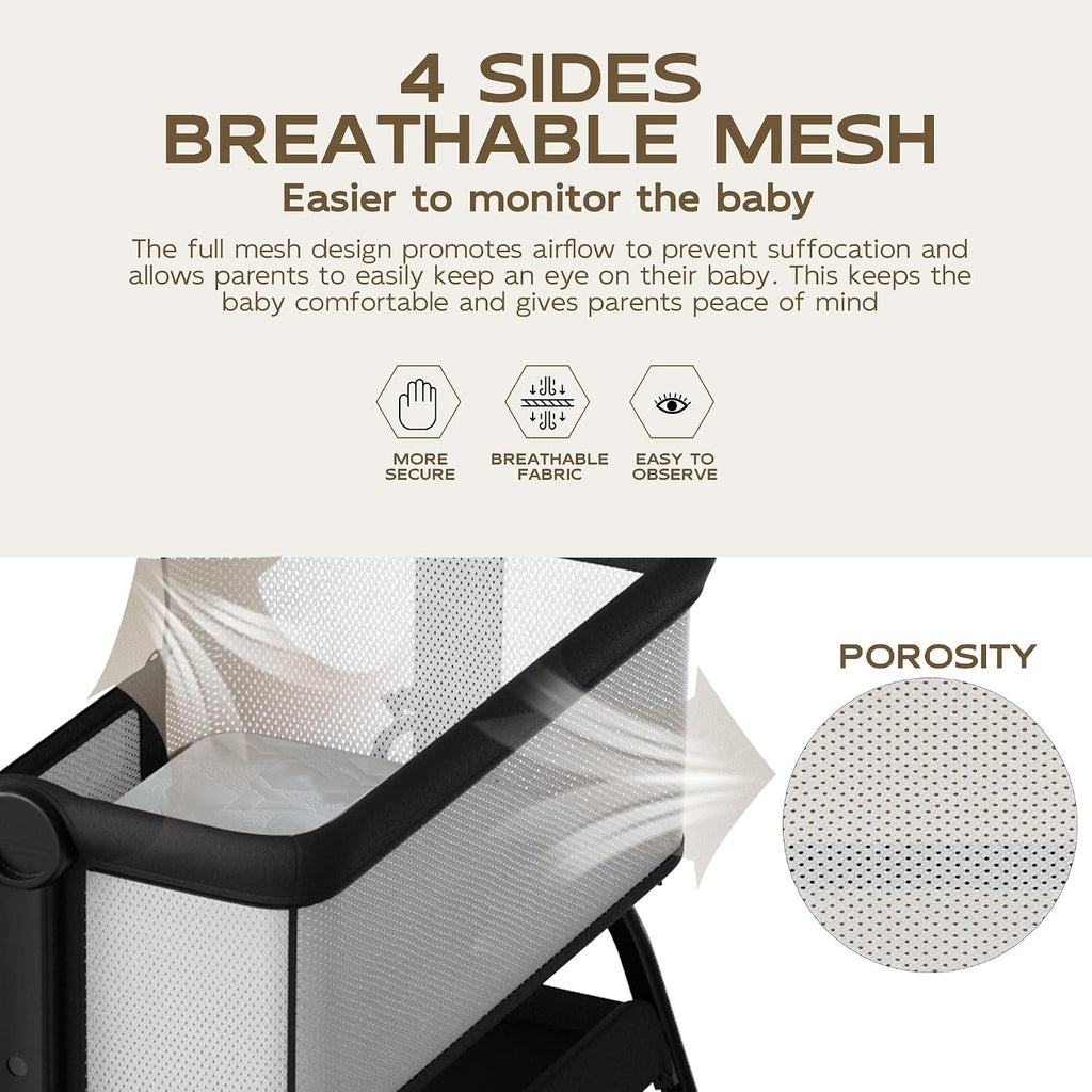 BabyBond Baby Bassinet Bedside Crib, Mattress & Sheet, 4-Sided Mesh, Black