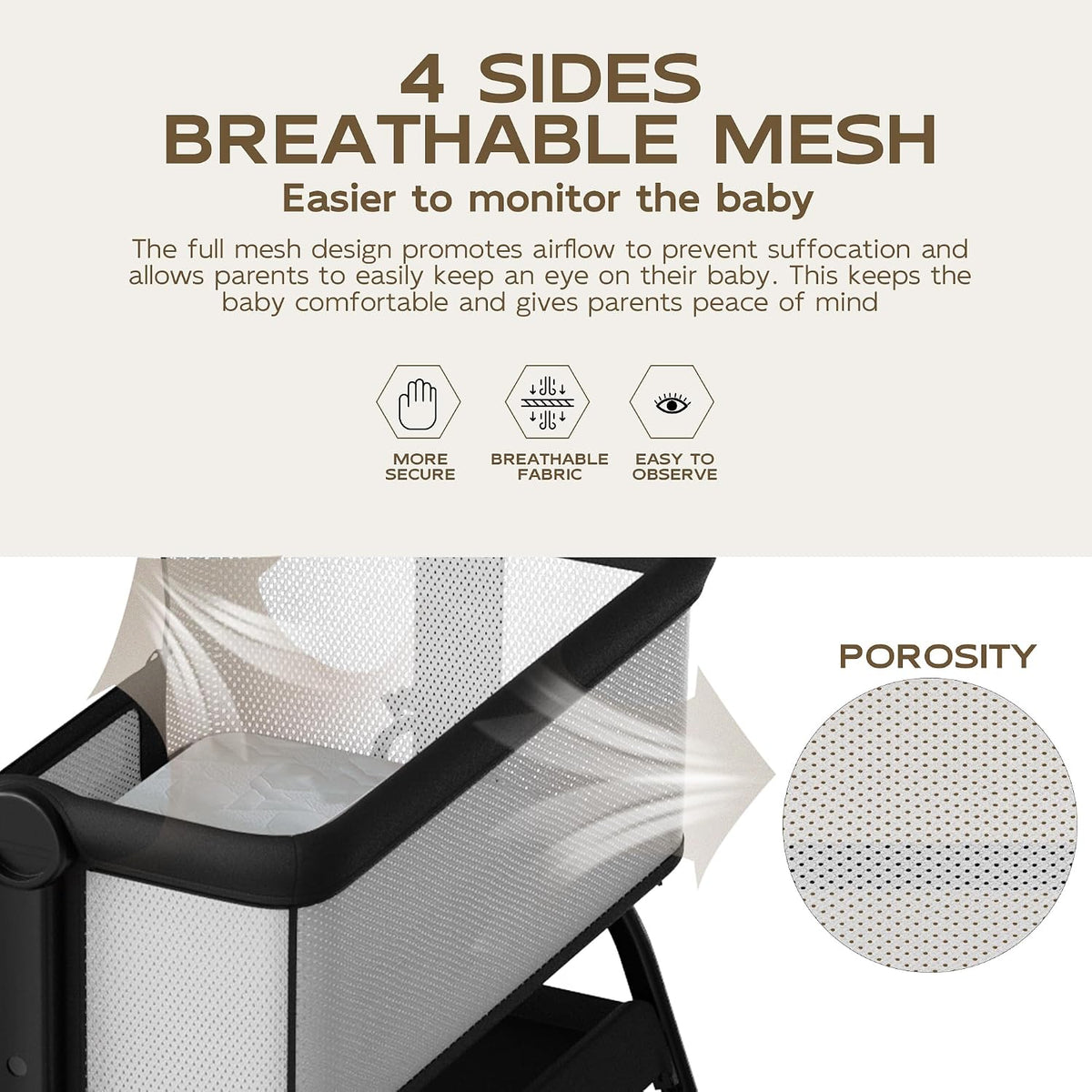 BabyBond Baby Bassinet Bedside Crib, Mattress & Sheet, 4-Sided Mesh, Black