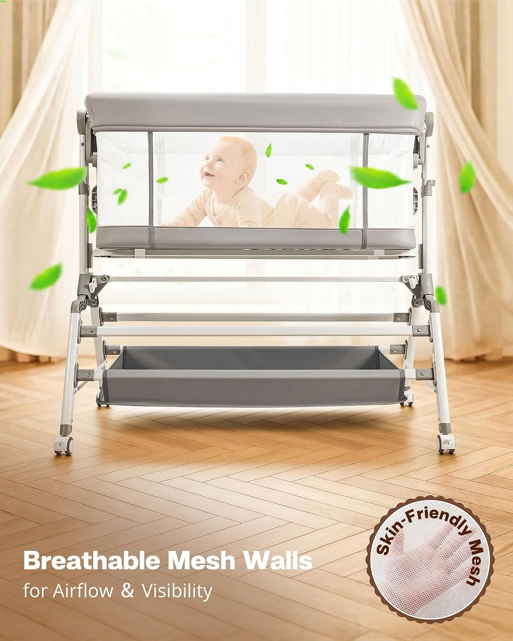 3 in 1 Baby Bassinet Bedside Sleeper, Adjustable Bedside Bassinet for Baby, Womb-Like Rocking Bassinet with Wheels, Breathable Full-Mesh Crib with Comfy Mattress, Bedside Crib w/ Large Storage Basket