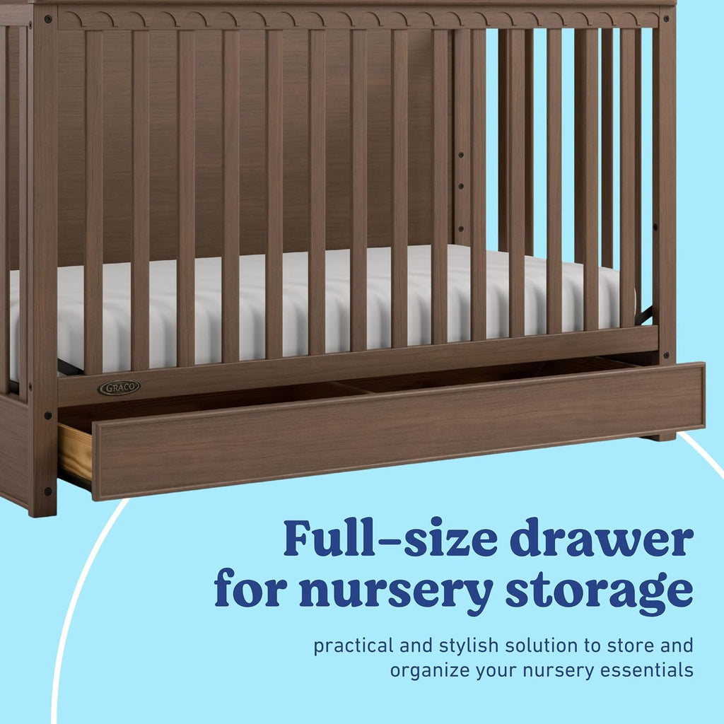 Graco Sasha 5-in-1 Convertible Crib with Drawer (Hazelnut) – GREENGUARD Gold Certified Wood Crib, Converts to Toddler Bed, Daybed, Full-Size Bed, Stylish Classic Design