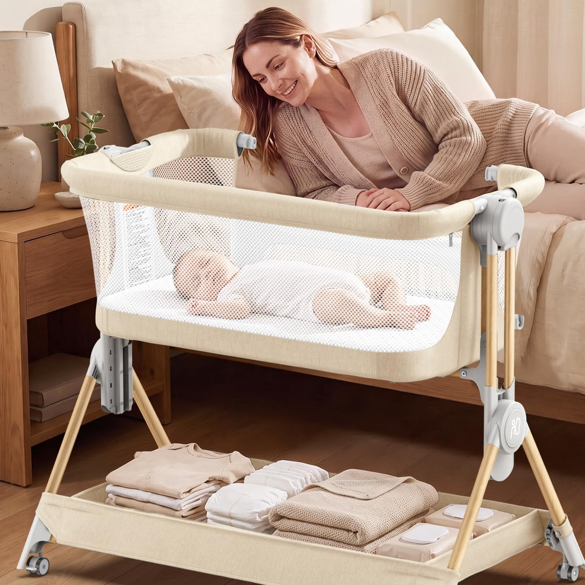 ANGELBLISS Baby Bassinet, 3-in-1 Bedside Sleeper, One-Click Foldable Crib