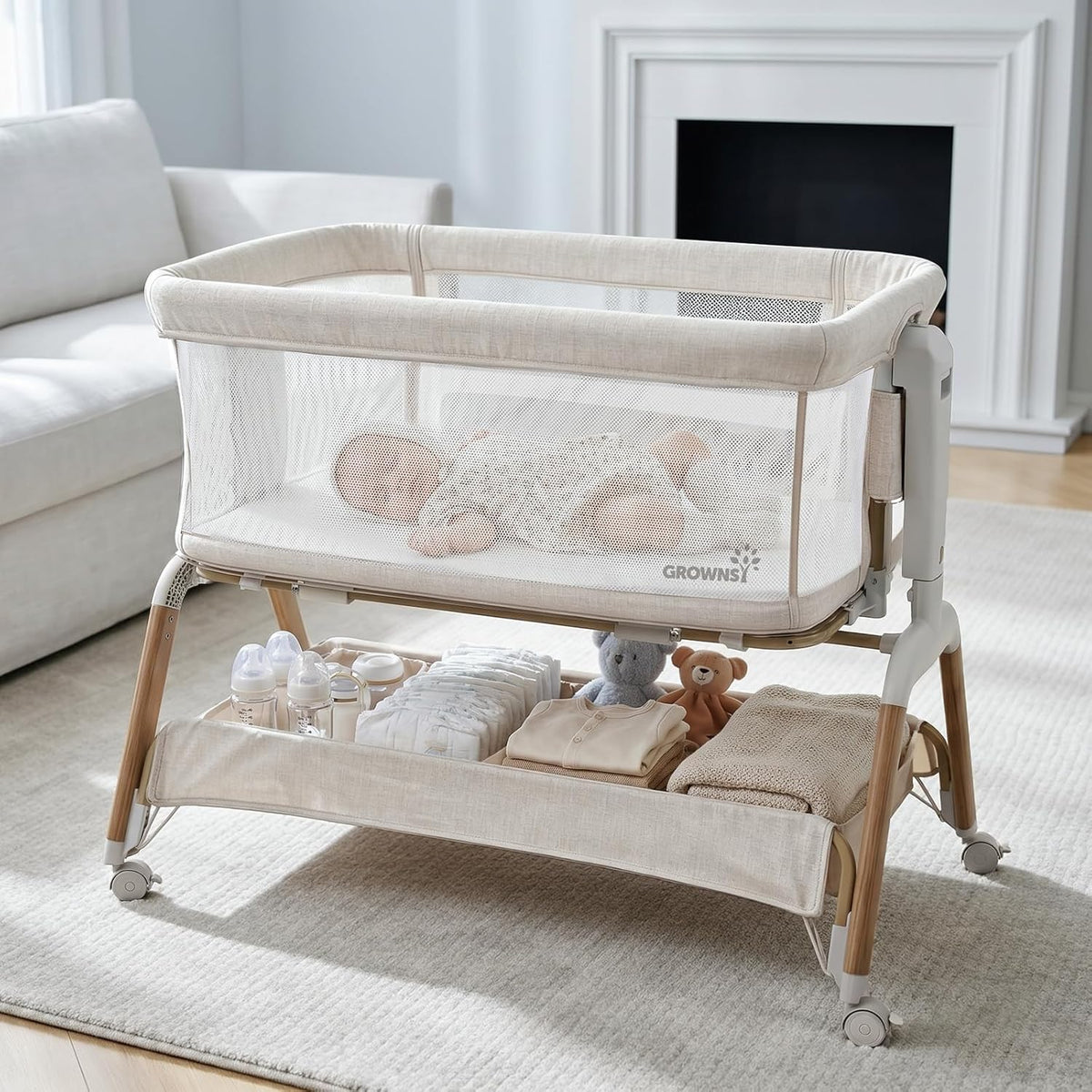 GROWNSY 5-in-1 Baby Bassinet Bedside Sleeper with Gentle Manual Rocking