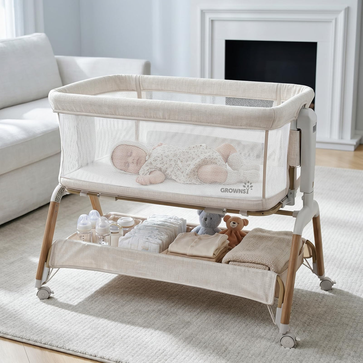 GROWNSY 5-in-1 Baby Bassinet Bedside Sleeper with Gentle Manual Rocking