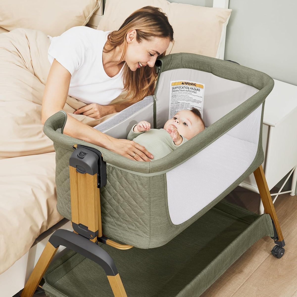 Jimglo 3-in-1 Baby Bassinet, Bedside Sleeper, Rocking Mode, Wheels, Green