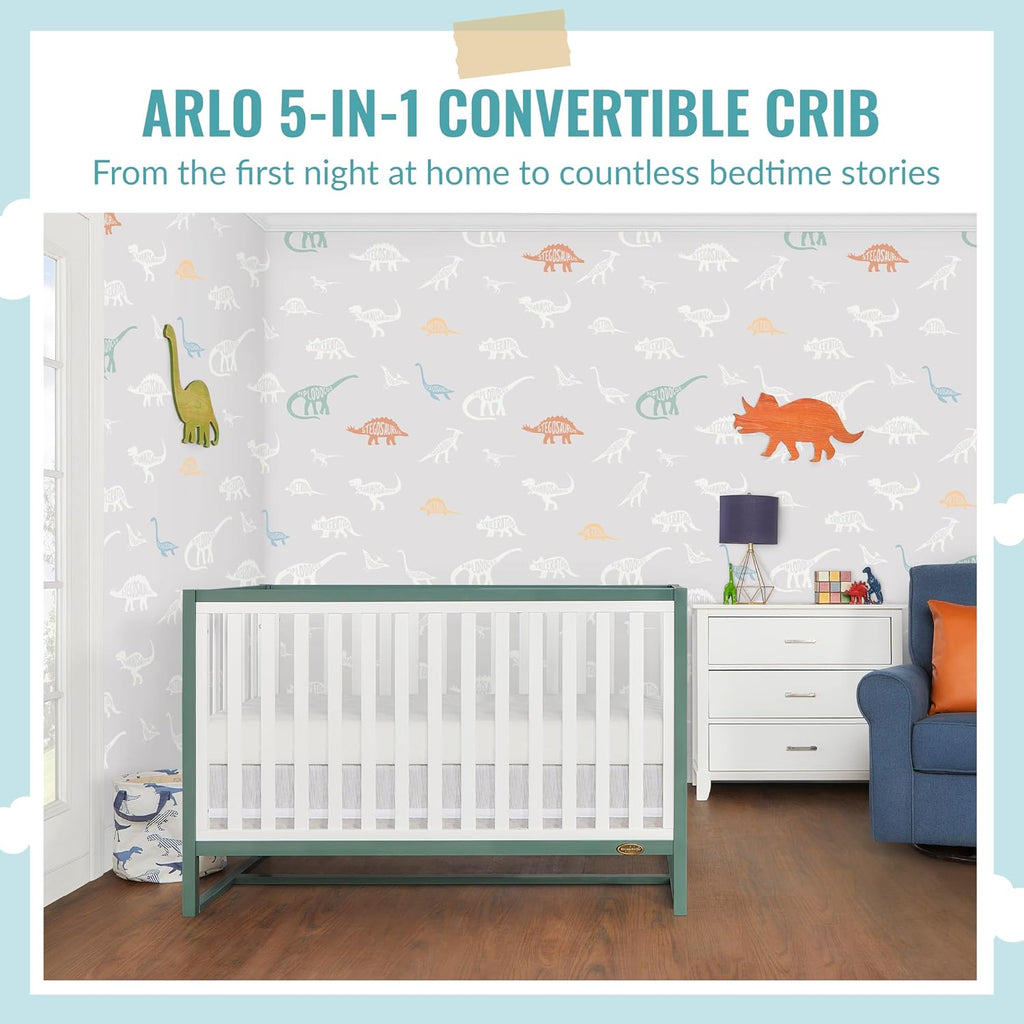 Dream On Me Arlo 5-in-1 Convertible Full-Size Baby Crib in Jungle Green, GreenGuard Gold & BSA, Converts to Toddler, Day & Full-Size Bed, 3 Mattress Heights, Non-Toxic Finish, Sustainable Pinewood
