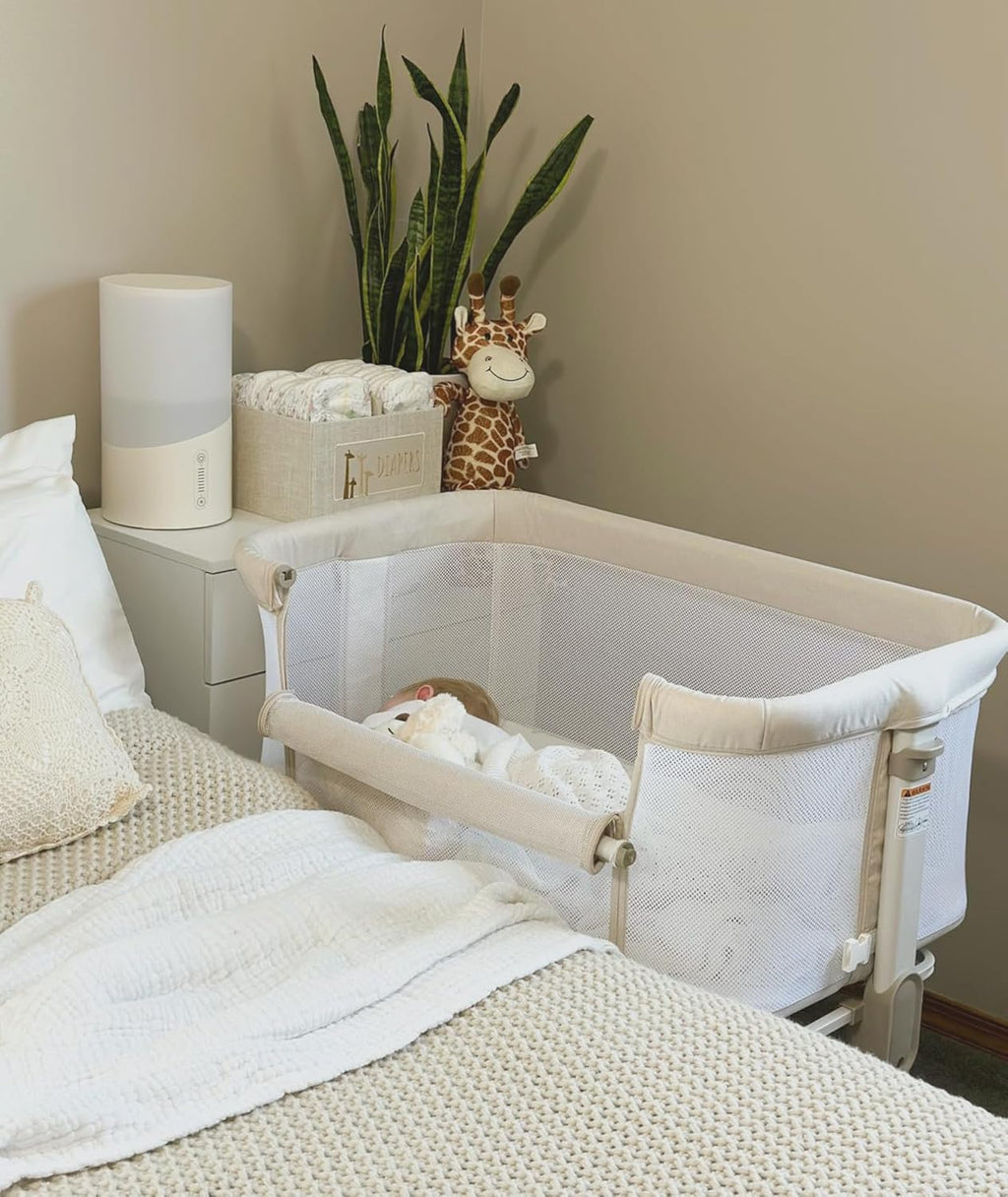 Fodoss Baby Bassinets Bedside Sleeper - All Mesh Bedside Bassinet with Wheels, 7 Height Adjustable Baby Bassinet for Infants, Beige