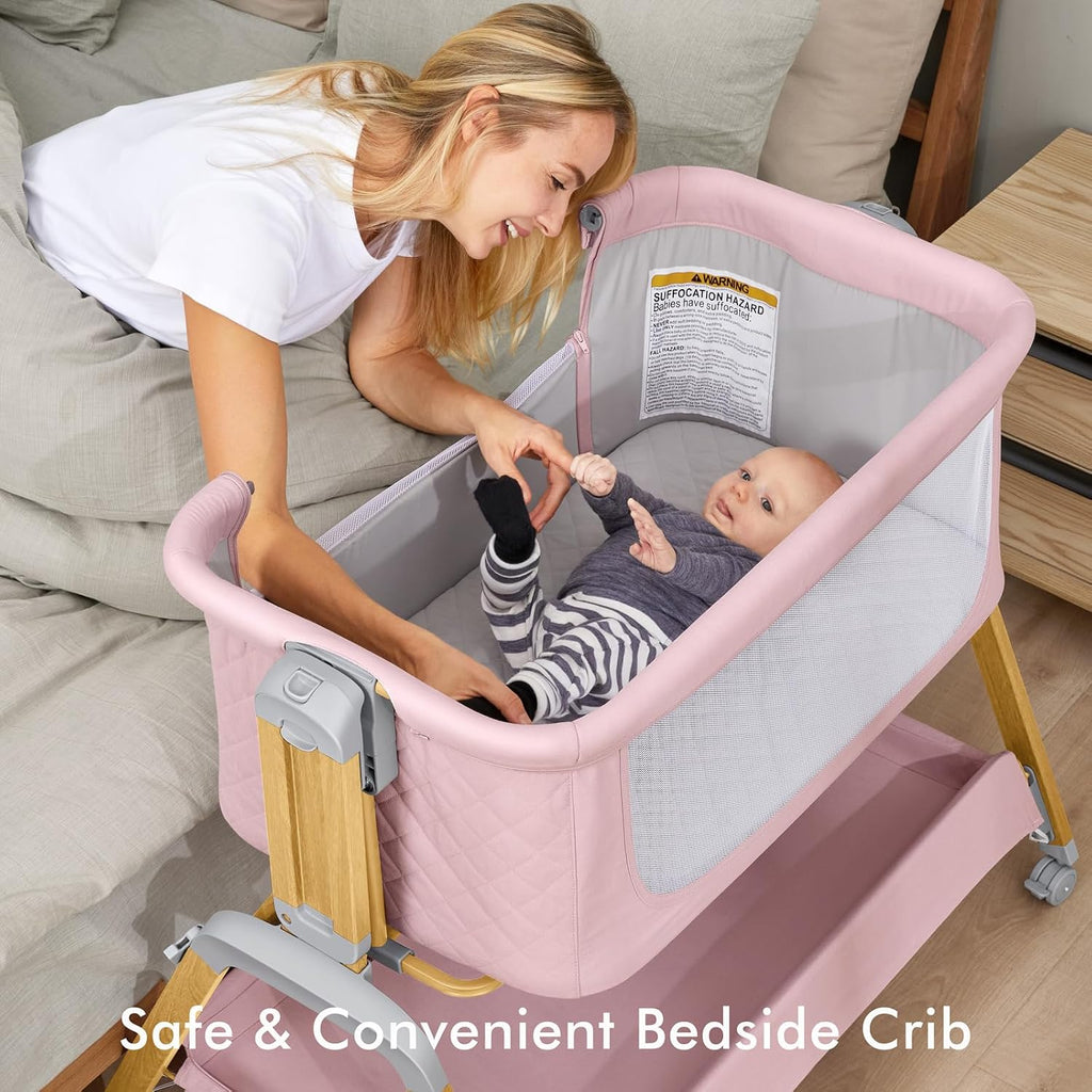 TotRun Bassinet Bedside Sleeper, Rocking Bassinets with Comfy Mattress and Wheels for Newborn, 5-Height Adjustable (Pink)