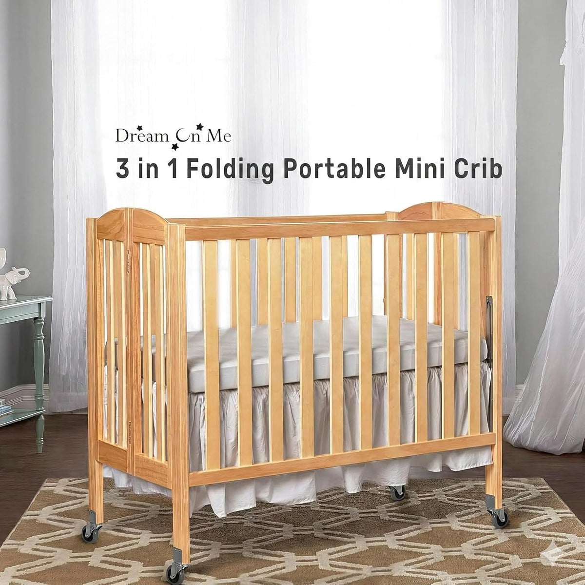 Dream On Me 3-in-1 Portable Mini Baby Crib in Natural, GreenGuard Gold & JPMA, Birchwood, Quick Fold Patent, Playpen or Changer, Storage or Travel, Heavy Duty Steel Castors, 3 Heights, 1″ Mattress Pad