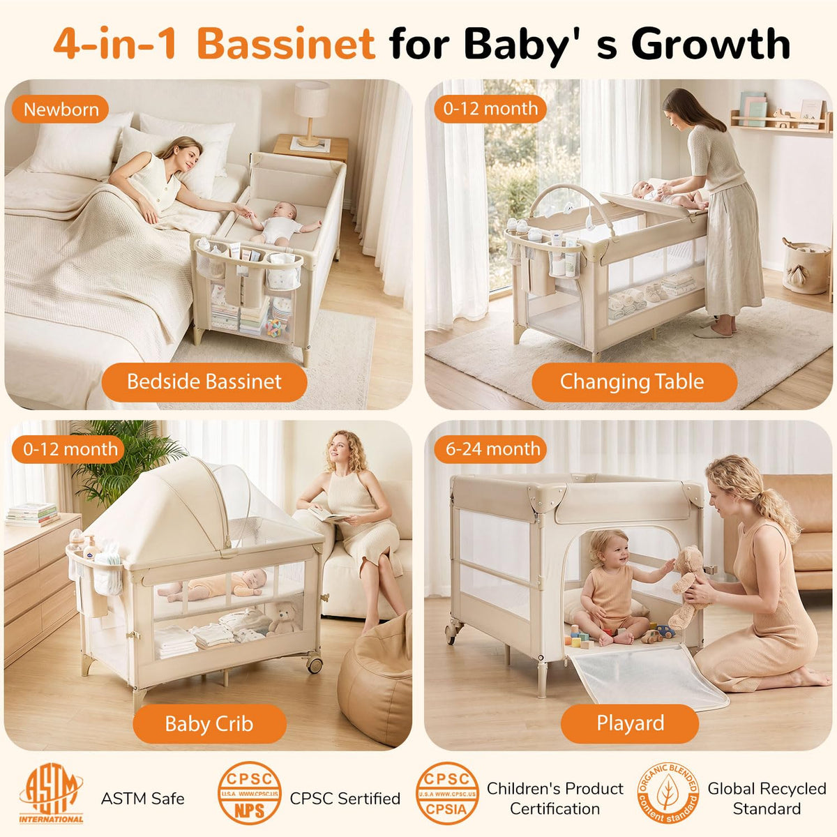 4 in 1 Foldable Pack and Play with Bassinet and Changing Table, Bedside Crib Sleeper with Mattress, Mosquito Net and Toy Bar for Newborn to Toddler, Beige