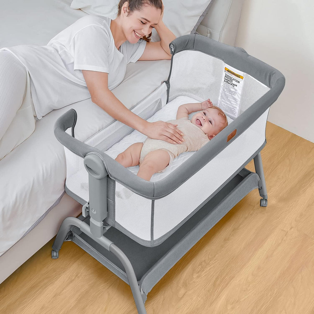BabyBond Baby Bassinet Bedside Crib, Mattress & Sheet, 4-Sided Mesh, Black
