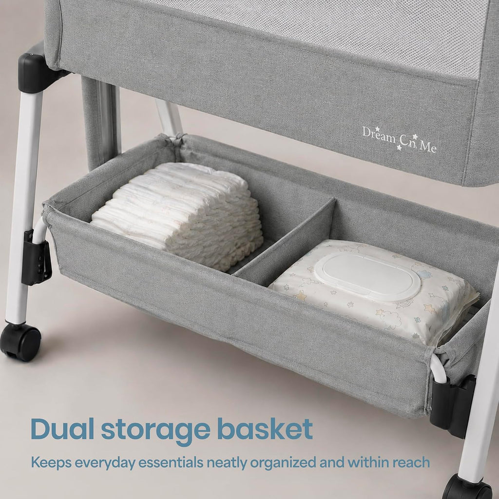 Dream On Me Calypso Bedside Bassinet, Foldable Portable Crib - Gray