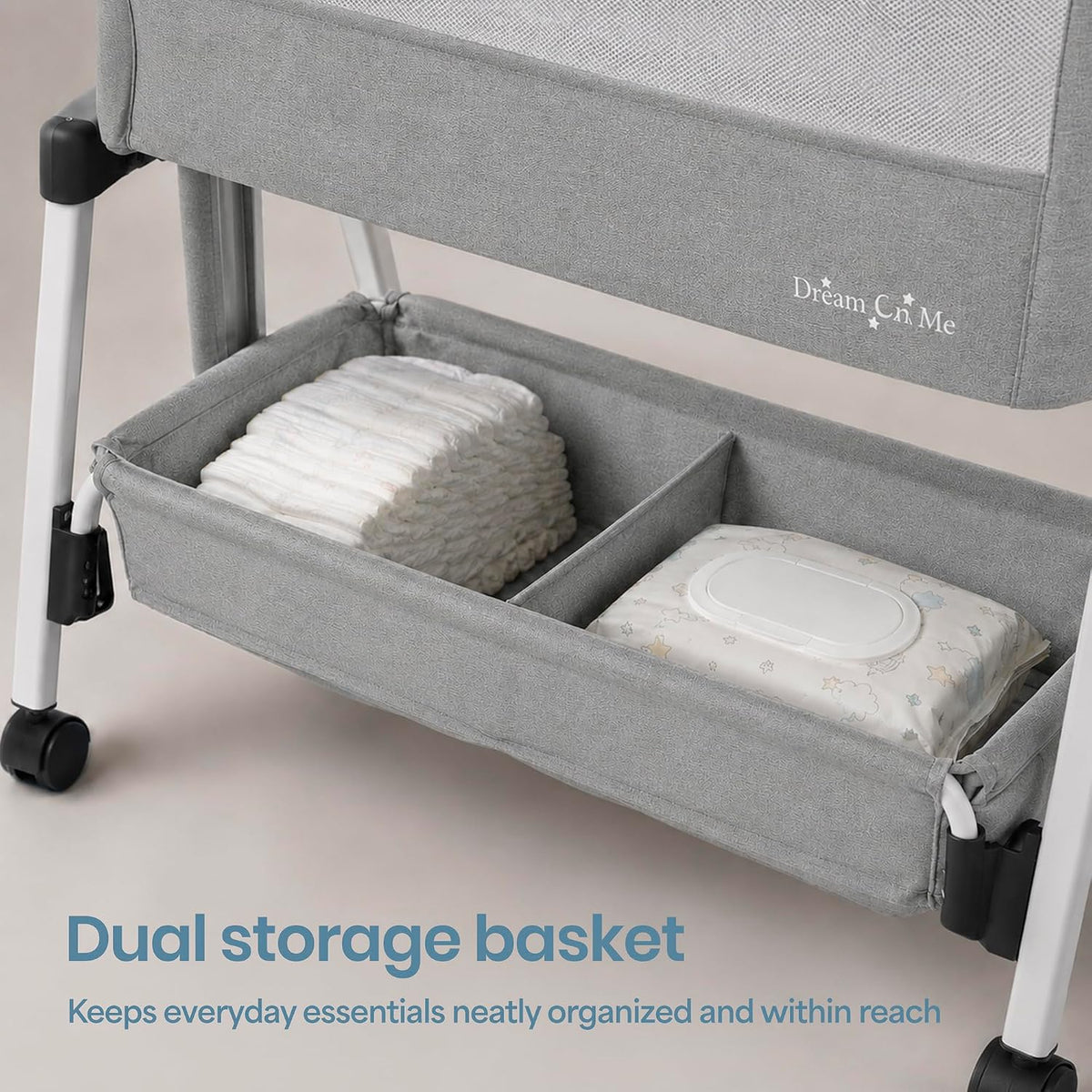 Dream On Me Calypso Bedside Bassinet, Foldable Portable Crib - Gray