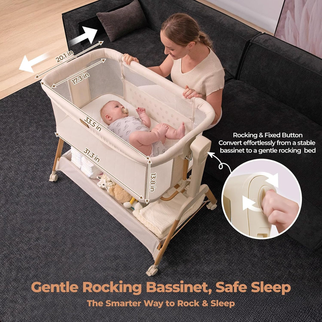 Ezebaby Baby Bassinet Bedside Sleeper: 3-in-1 Rocking Bassinet for Baby - Breathable Full-Mesh Crib with Mattress | 6 Height Adjustable | Portable Crib with Lockable Wheels for Newborns