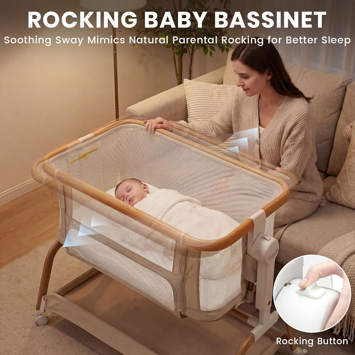 3 in 1 Rocking Bassinet,Full Mesh Baby Bassinet Bedside Sleeper