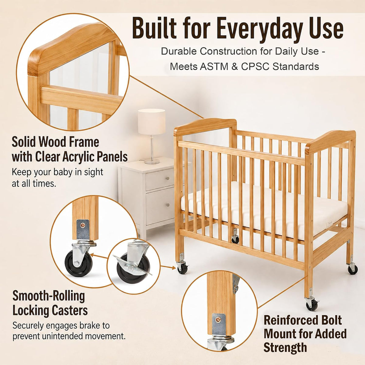 L.A. Baby Wooden Crib, Portable Mini Crib with Mattress Included