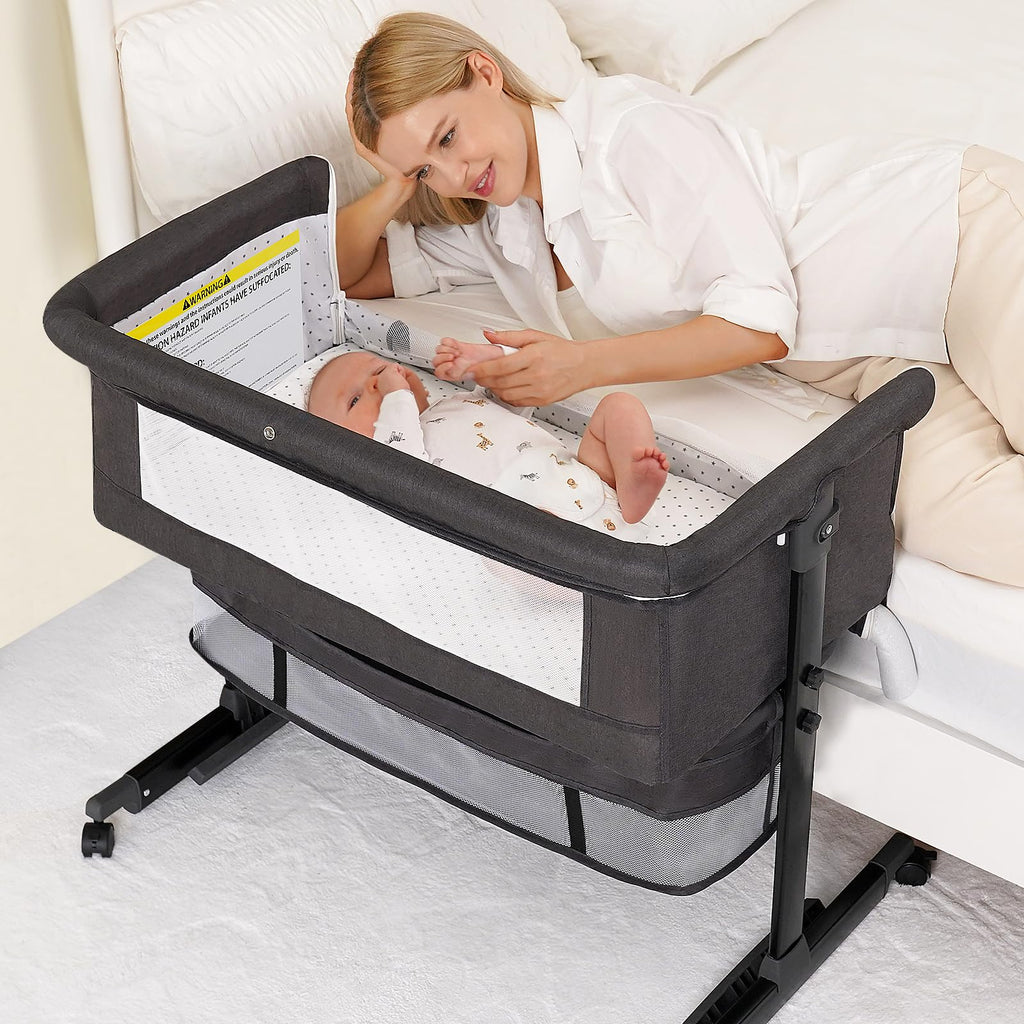 Semphis Baby Bassinet, 3 in 1 Bassinets Bedside Sleeper, Adjustable Height Bedside Sleeper with Rocking Mode, Breathable Mesh, Storage Basket, Wheels, Easy Assemble & Folding (Gray)