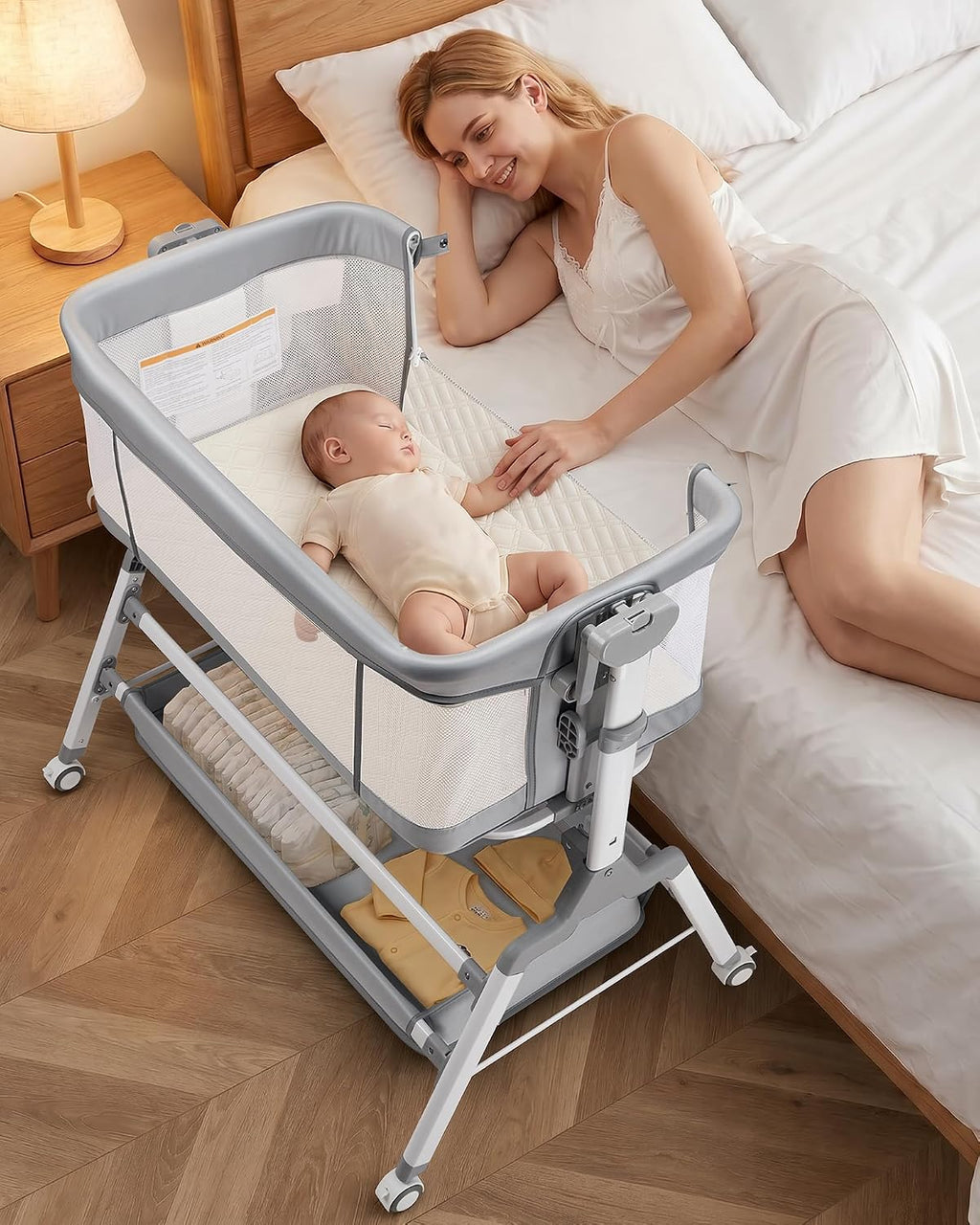 3 in 1 Baby Bassinet Bedside Sleeper, Adjustable Bedside Bassinet for Baby, Womb-Like Rocking Bassinet with Wheels, Breathable Full-Mesh Crib with Comfy Mattress, Bedside Crib w/ Large Storage Basket