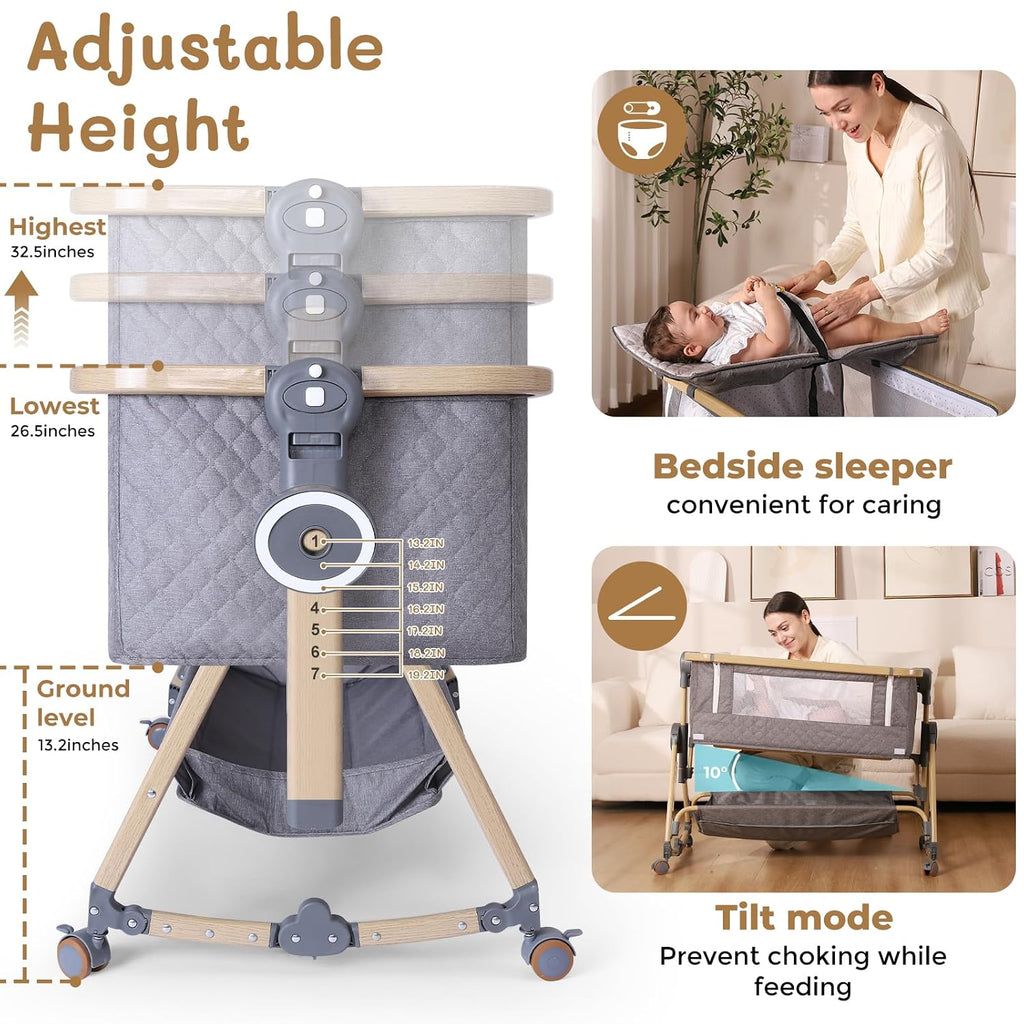 Baby Bassinet 5 in 1,Baby Bedside Bassinet with Diaper Changer, Mosquito Net, Mattress, Storage Layer, Can Be Stored in One Button Travel Crib (Gray)