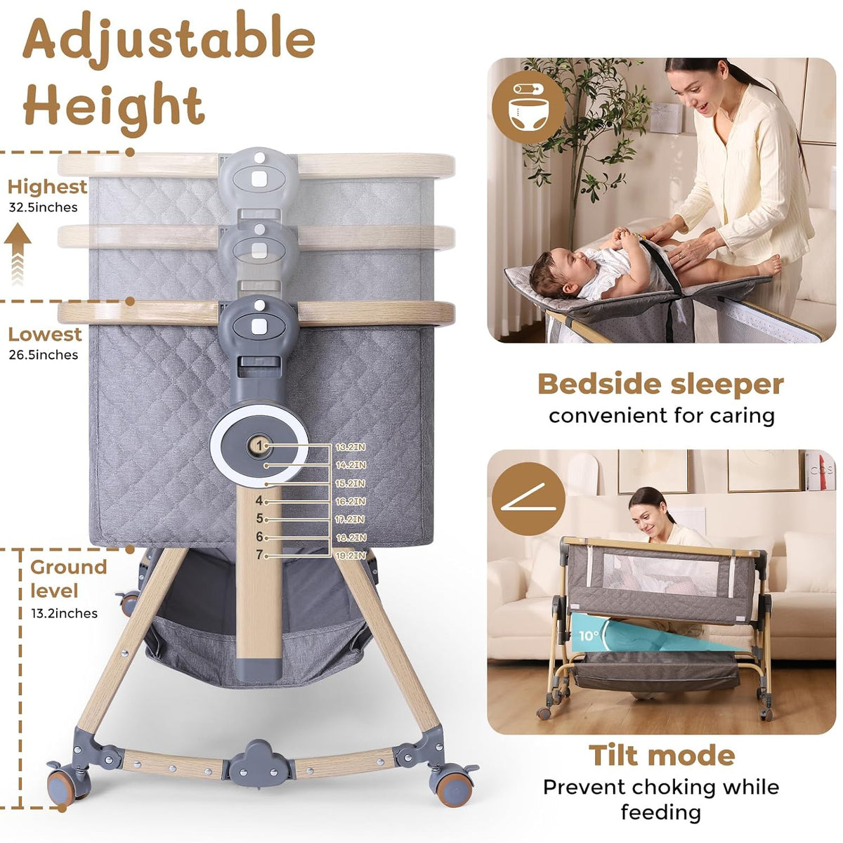 Baby Bassinet 5 in 1,Baby Bedside Bassinet with Diaper Changer, Mosquito Net, Mattress, Storage Layer, Can Be Stored in One Button Travel Crib (Gray)