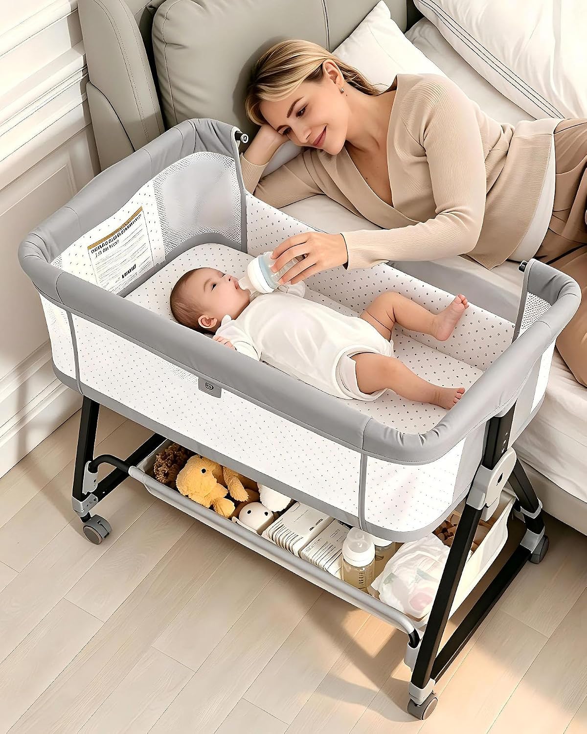 Baby Bassinets Bedside Sleeper with Wheels and Mattress, Cosleeping Baby Bed with Storage, Co-Sleeper Bassinet Attach to Bed, Bed Side Crib with Breathable Mesh, Height Adjustable(Gray)