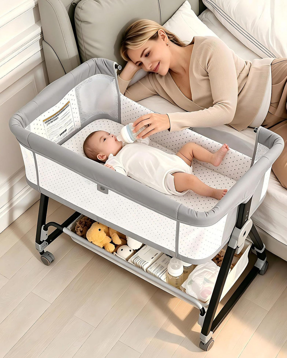 Baby Bassinets Bedside Sleeper with Wheels and Mattress, Cosleeping Baby Bed with Storage, Co-Sleeper Bassinet Attach to Bed, Bed Side Crib with Breathable Mesh, Height Adjustable (Blue)