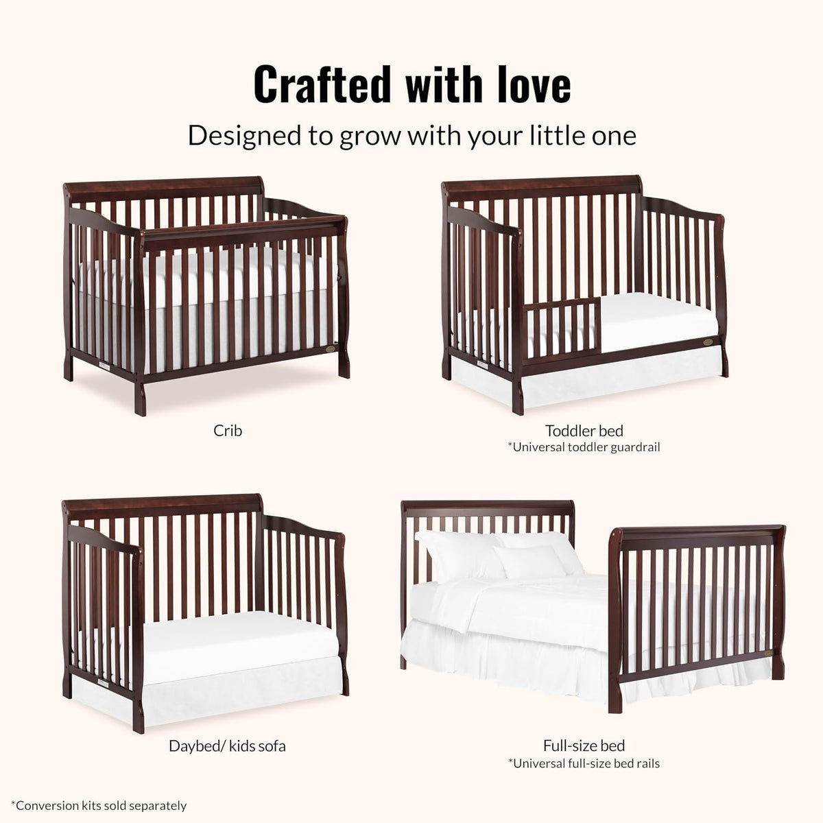 Dream On Me Ashton 4-in-1 Convertible Crib in Espresso, Greenguard Gold, JPMA Certified, Non-Toxic Finishes, Features 4 Mattress Height Settings, Made of Solid Pinewood