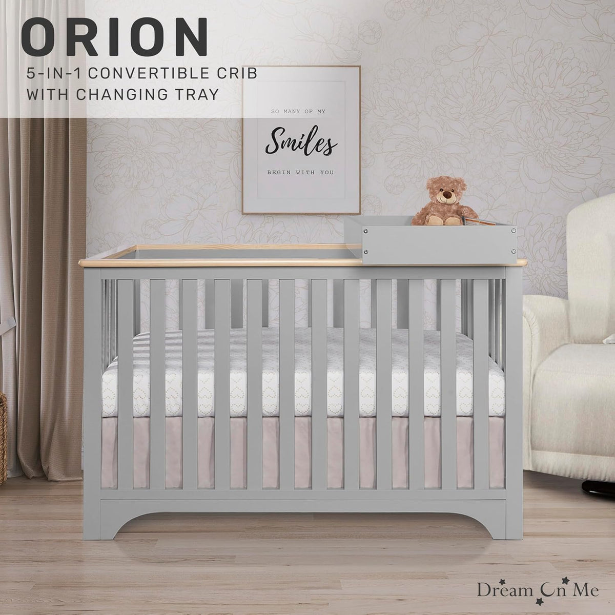 Dream On Me Orion 5-in-1 Convertible Crib with Changer in Pebble Grey Vintage, JPMA & Greenguard Gold Certified, Made of Sustainable New Zealand Pinewood
