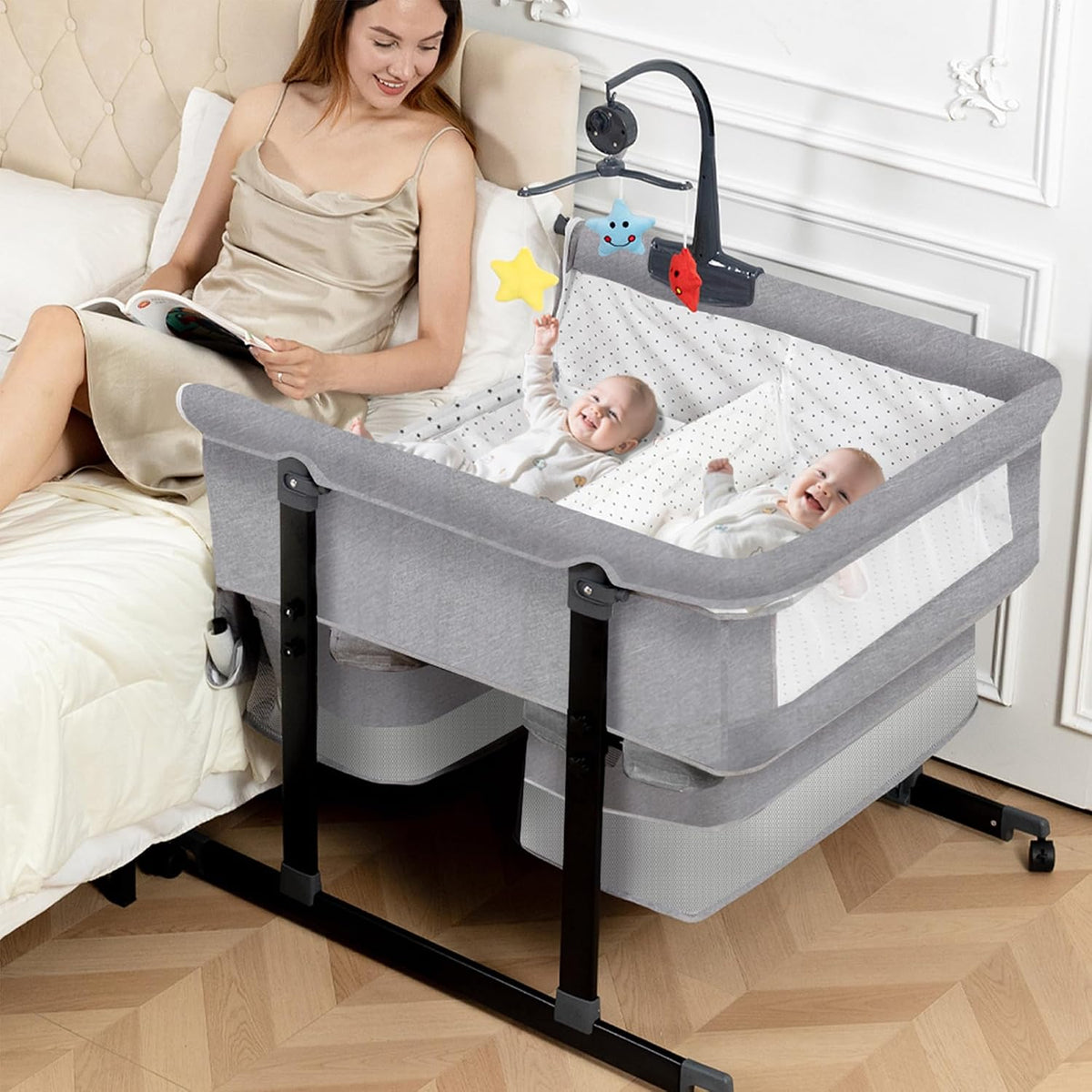 Twin Bassinet for 2 Babies with Music Toys for Newborns, Grey