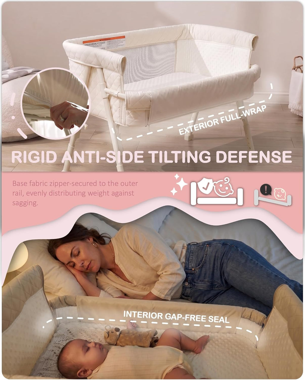 BEKA Bassinet Bedside Sleeper for Baby, 2 in 1 Baby Crib for Newborn, Bedside Bassinet with 4 Auto-Lock Wheels & Adjustable Height, Breathable Mesh Sides & Soft Mattress