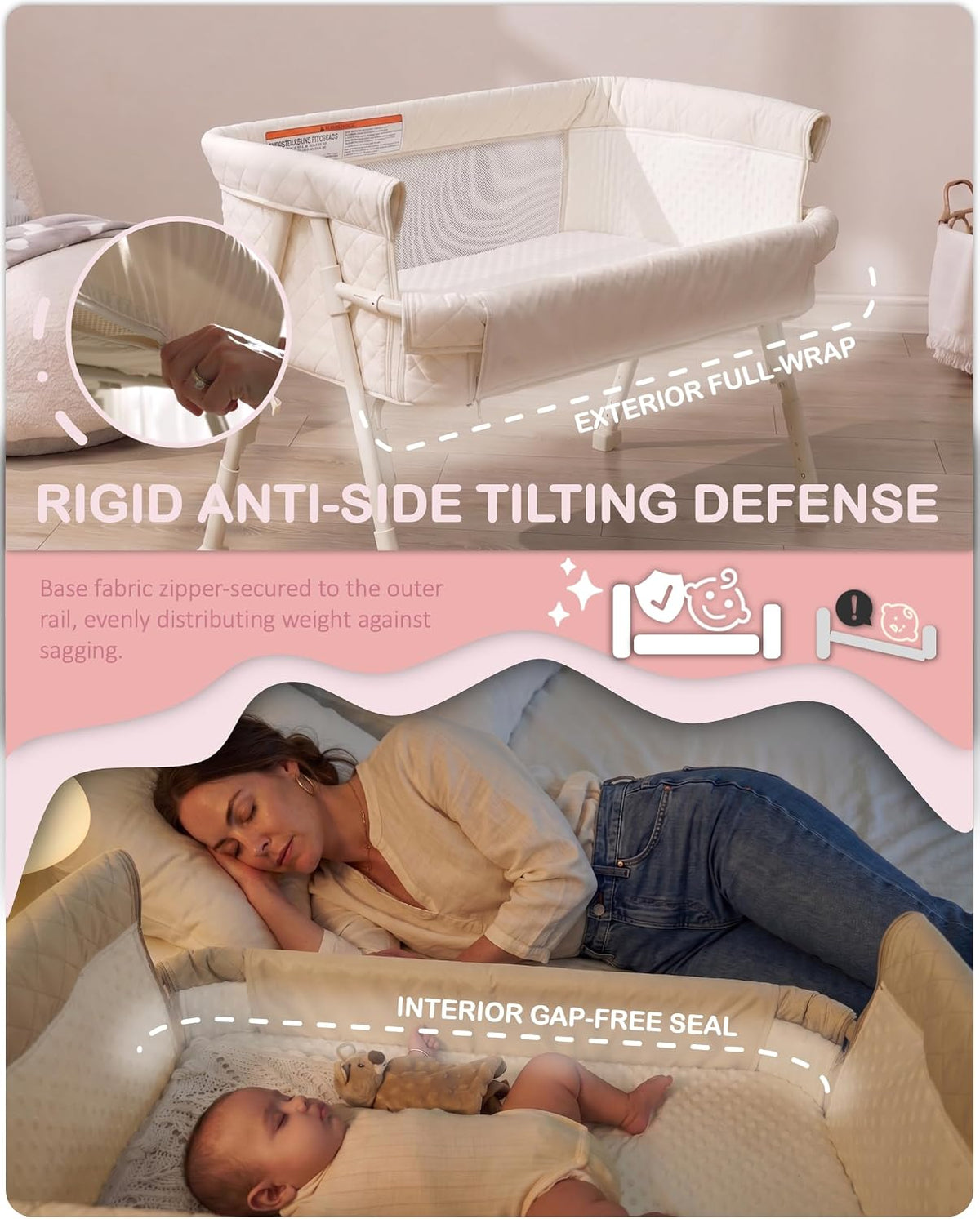 BEKA Bassinet Bedside Sleeper for Baby, 2 in 1 Baby Crib for Newborn, Bedside Bassinet with 4 Auto-Lock Wheels & Adjustable Height, Breathable Mesh Sides & Soft Mattress