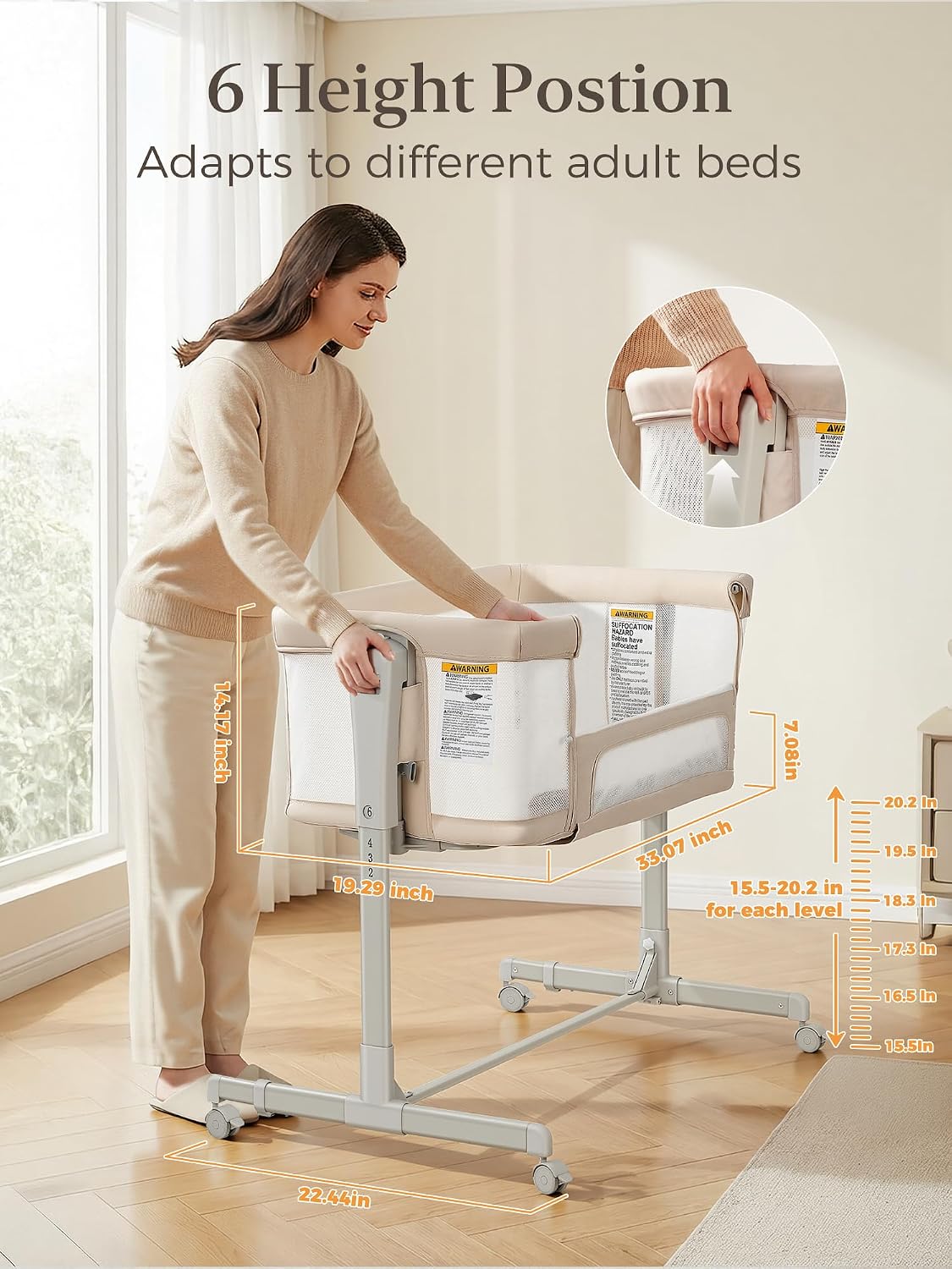 ONTHEWEI Baby Bassinet Bedside Sleeper 3-in-1, Easy Night Feeding with One-Side Fold & Rolling Wheels, Breathable Mesh, 6-Height Adjustable, Soft Mattress for Newborns